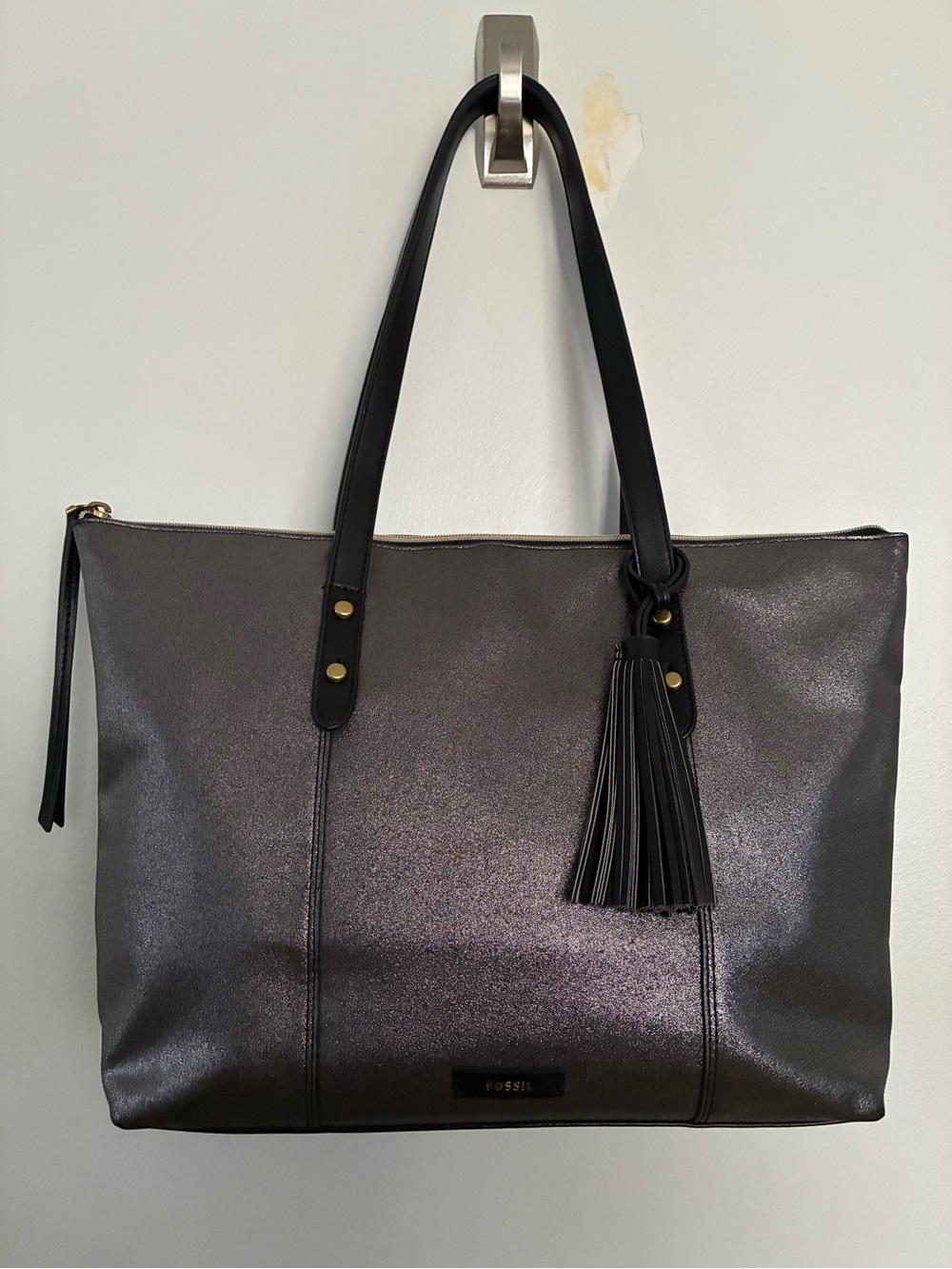 Fossil Gunmetal Metallic Grey Glitter Jayda Faux Leather Tote Shoulder Bag